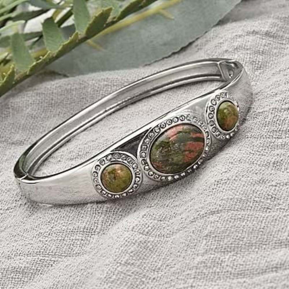Unakite and Austrian Crystal Bangle Bracelet in Stainless Steel (7.25 In, 13.00